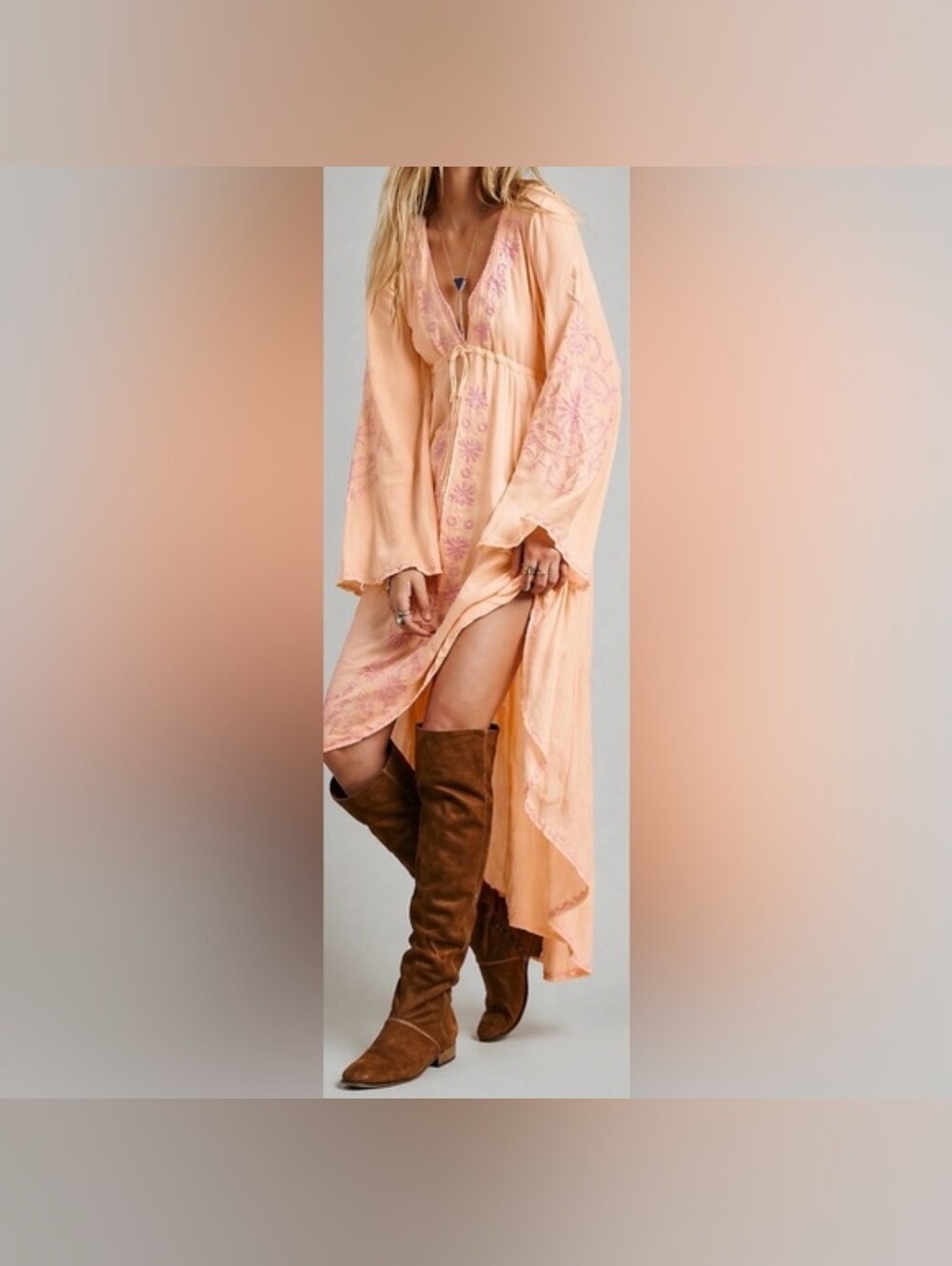 R.Vivimos Embroidered High Low Long Dress - Boho Embroidery Folk Dress - Size M